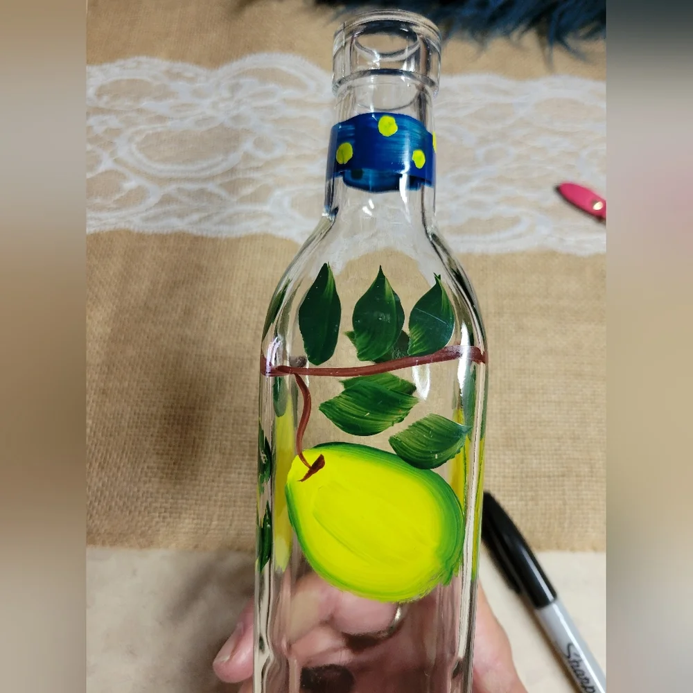 Vintage glass hand painted oil bottle great condition no chips no spout